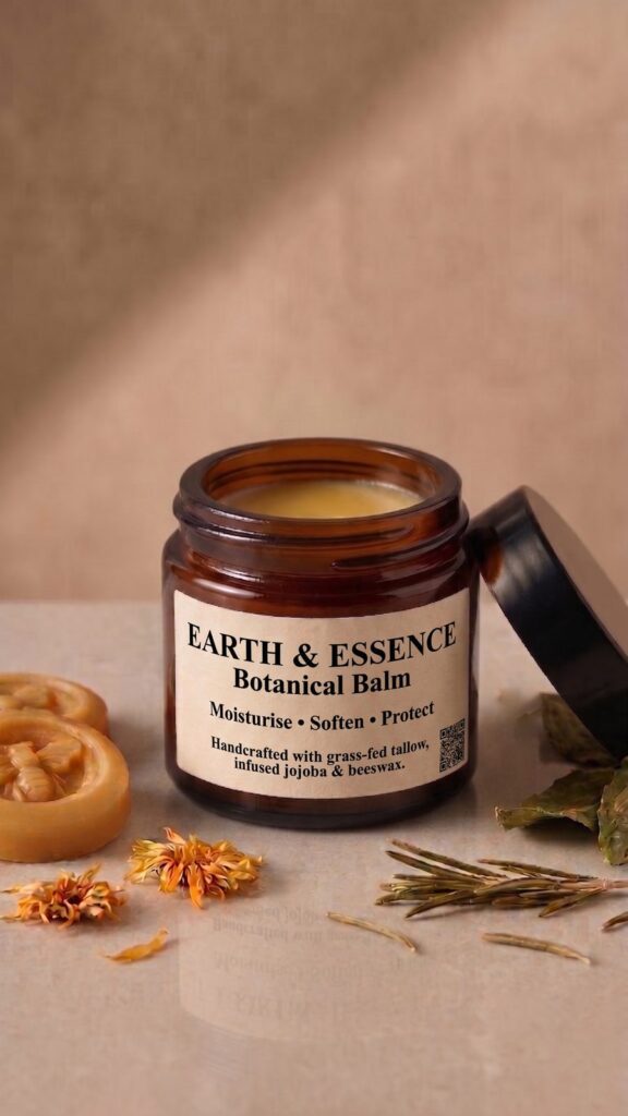 Earth & Essence Botanical Balm in an amber glass jar with calendula and rosemary