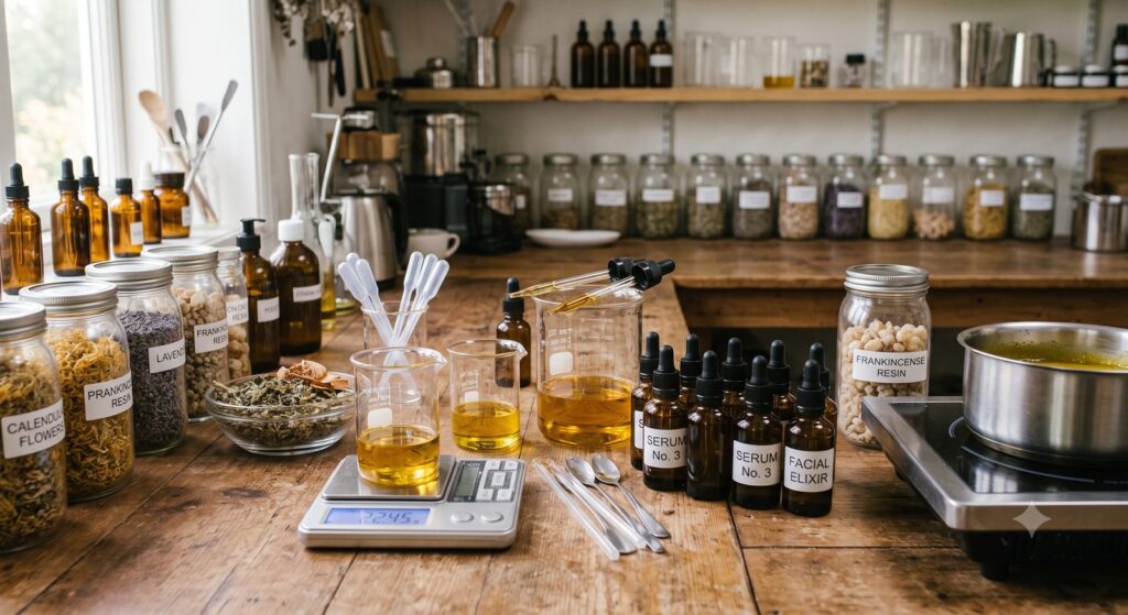 Natalie's botanical skincare workshop — amber bottles, calendula, frankincense and infusing oils