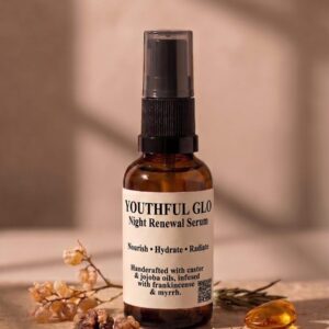 Youthful Glo Night Renewal Serum in an amber glass bottle with frankincense and rosemary